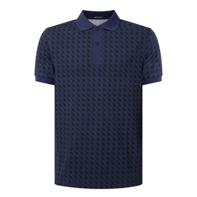 Fred Perry Geometric Print Laurel Logo Polo Shirt in Twilight Navy, short sleeves, two-button placket, geometric all-over print
