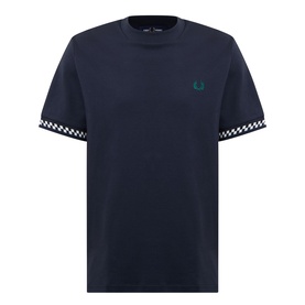 Fred Perry Crew Neck T-Shirt in 608 Navy with teal embroidered logo and checkerboard trim on sleeves