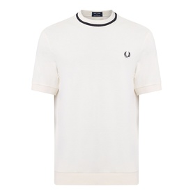 Fred Perry Crew Neck T-shirt in Ecru, with navy tipping at collar and cuffs, contrast hem detail, small laurel wreath logo