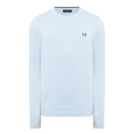 Fred Perry Wreath Logo Sweater in Light Ice, crew neck cotton knit with ribbed trims and embroidered wreath logo at chest