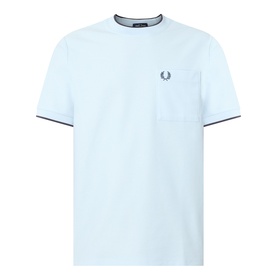 Fred Perry Crew Neck T-shirt in Light Ice blue with navy tipping on collar and cuffs, chest pocket with embroidered logo