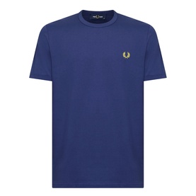 Fred Perry Ringer Laurel Wreath T-Shirt in French Navy, crew neck, short sleeves, gold laurel wreath logo on chest