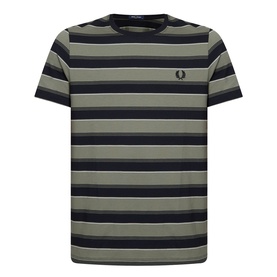 Fred Perry Crew Neck T-Shirt in black with sage green bold horizontal stripes and embroidered logo on chest
