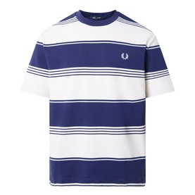 Fred Perry Heavy-Striped Laurel Wreath Logo T-Shirt in Ecru, navy bold horizontal stripes, crew neck, embroidered logo on chest