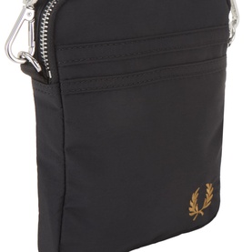 Fred Perry Brentham Small Crossbody Bag in black polyamide with silver-tone zip and hardware, gold embroidered Laurel Wreath logo