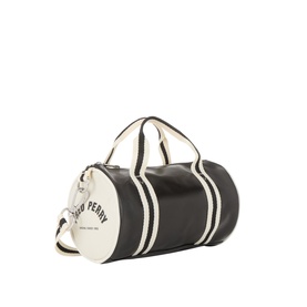 Fred Perry Barrel Mini Duffle Bag in black and ecru, two-tone barrel silhouette with logo branding, top handles and detachable crossbody strap