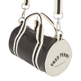 Fred Perry Barrel Mini Duffle Bag in black and ecru, barrel silhouette with striped crossbody strap, silver-tone hardware and logo branding