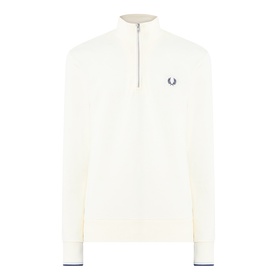 Fred Perry Half Zip sweatshirt in Ecru with Dusky Blue and French Navy tipping, silver zip, embroidered laurel wreath logo