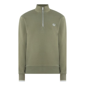 Fred Perry Half Zip sweatshirt in Laurel Wreath Green with ecru zip, ribbed cuffs and hem, and embroidered laurel wreath logo