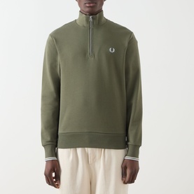 Fred Perry Half Zip sweatshirt in Laurel Wreath Green with ecru and dusky blue tipped cuffs and hem, silver zip, embroidered laurel wreath logo