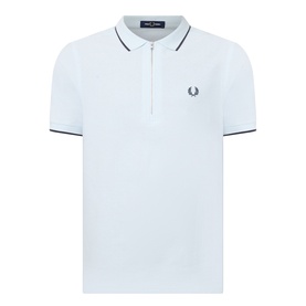 Fred Perry Laurel Logo Crepe Piqu&eacute; Polo Shirt in Light Ice, half-zip placket, navy twin-tipped collar and cuffs, Laurel Wreath chest logo