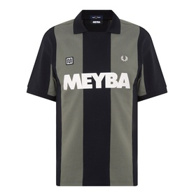 Fred Perry Meyba Cut & Sew Polo Shirt in black, sage green vertical stripes, short sleeves, graphic branding, laurel wreath logo