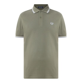 Fred Perry Twin Tipped Logo Polo Shirt in Laurel Wreath Green with ecru twin tipped collar and cuffs, short sleeves, embroidered logo