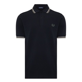 Fred Perry Laurel Logo Twin Tipped Polo Shirt in Black/Oatmeal, short sleeves, twin tipped collar and cuffs, chest logo