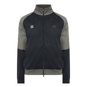 Fred Perry Meyba Taped Track Jacket in Black, two-tone colourblock with high neck, two-way zip, laurel wreath logo and Meyba badge