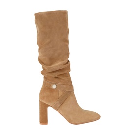 Carvela Jackpot Slouch Knee-High Boots in brown suede with block heel and gold-tone crystal stud embellishment
