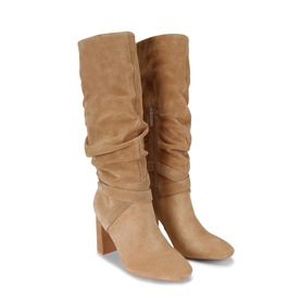 Carvela Jackpot Slouch Knee-High Boots in brown suede with ruched shaft, block heel and gold-tone crystal stud embellishment