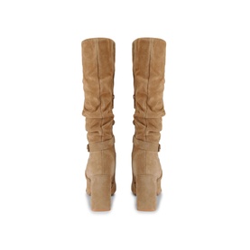 Carvela Jackpot Slouch Knee-High Boots in brown suede, block heel, gold-tone crystal stud embellishment, rear view