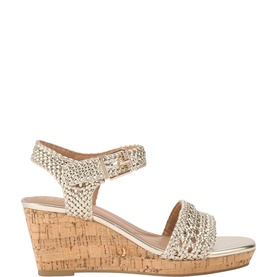 Carvela Portofino Wedge Heels in gold, braided synthetic upper, buckle ankle strap, cork wedge sole