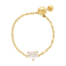 Lynott Jewellery gold chain ring with heart-shaped clear crystal stone and ball detail, adjustable chain band