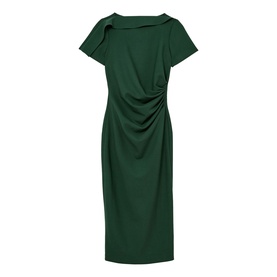 Reiss teal green midi dress with asymmetric neckline, short sleeves, and ruched side detail