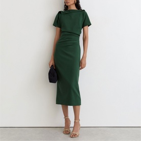 Model wearing Reiss teal green midi dress with short sleeves and ruched waist detail, styled with strappy heeled sandals and a small clutch bag
