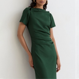 Model wearing Reiss teal green midi dress with asymmetric draped neckline, short sleeves and ruched waist detail