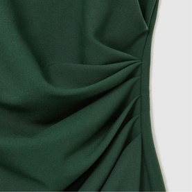 Reiss teal green dress with gathered ruching detail at the waist, smooth crepe fabric with elegant drape.