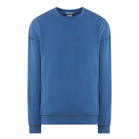 Scotch & Soda Ensign Blue crew neck sweatshirt in cotton, with tonal logo lettering across chest and ribbed cuffs and hem.