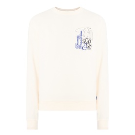 Scotch & Soda Work-Out Art Logo Sweatshirt in Eggnog, crew neck with blue logo graphic on chest, ribbed trims, long sleeves