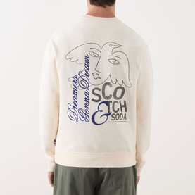Model wearing Scotch & Soda Work-Out Art Logo Sweatshirt in Eggnog, showing back graphic with bird illustration and logo print.