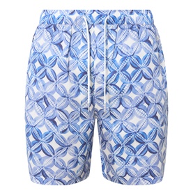 Scotch & Soda Tile Flower Printed Bermuda Shorts in blue geometric floral print with elasticated drawstring waistband and straight leg