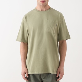 Model wearing Scotch & Soda 3 Crosses Logo T-Shirt in Oil Green, round neck, short sleeves, chest pocket, straight hem
