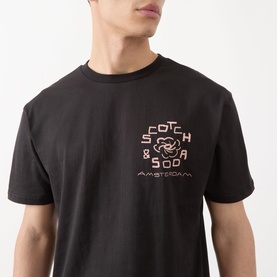 Model wearing Scotch & Soda Floral Graphic T-Shirt in Meteorite with rose-toned logo graphic on chest, crew neck, short sleeves