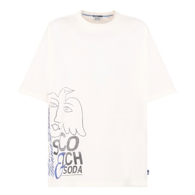 Scotch & Soda Work-Out Art Logo T-Shirt in Eggnog, white cotton tee with abstract face graphic print and logo detail, round neck
