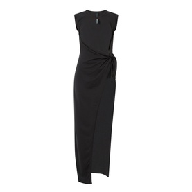 Skims Sarong Dress in Onyx, sleeveless midi length with draped wrap-effect skirt and front thigh split