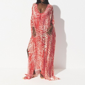 Sheer Long Kaftan Carmine Zebra Print