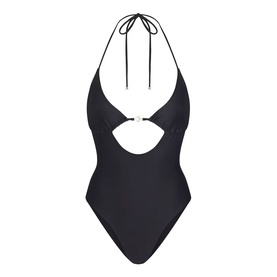 Skims Swimsuit in Obsidian, halterneck tie, cut-out detail at bust, plunge neckline, sleek one-piece silhouette