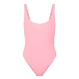 Pink scoop-neck one-piece swimsuit with low back, thin straps, and high-cut leg line