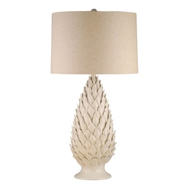 Mindy Browne Grace Textured Table Lamp in ivory ceramic with artichoke-style sculpted base and beige linen drum shade