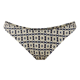 Away That Day Bikini Brief in navy and gold geometric link print, flat lay showing low-rise cut and smooth waistband