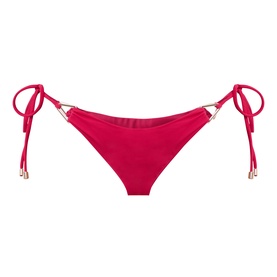 Away That Day Gili Side-Tie Bikini Bottoms in raspberry with adjustable side ties, gold triangle hardware, and minimal rear coverage.