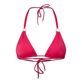 Away That Day Raspberry Bikini Top, triangle cups with gold hardware, halterneck ties and side-tie fastening