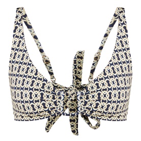 Away That Day Navy/Gold Link Print bikini top with front tie detail and adjustable straps, flat lay view