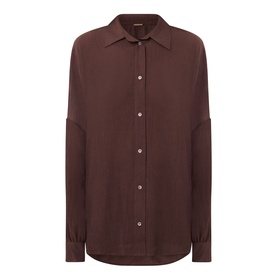 Away That Day brown cover-up shirt with classic collar, button-front fastening, and long sleeves in viscose-polyamide blend