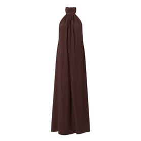 Away That Day Espresso Crinkle Linen halterneck maxi dress with gathered neckline and flowing silhouette