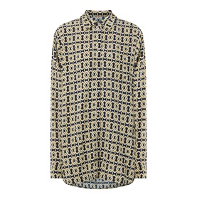 Away That Day Navy/Gold Link Print viscose cover-up shirt with all-over geometric chain print, classic collar and long sleeves