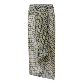 Away That Day Navy/Gold Link Print Sarong in 100% viscose, wrap-style midi length with draped front detail, one size