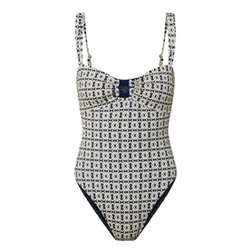 Away That Day swimsuit in Navy/Gold Link Print, structured balconette style with thin straps and high-cut leg