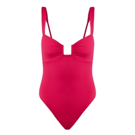 Away That Day raspberry swimsuit with sweetheart neckline, cut-out bust detail, and double shoulder straps